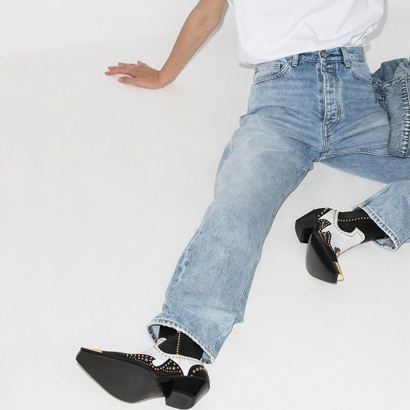 Metal Pointed Rivets Leather Ankle Boots Chunky Heel