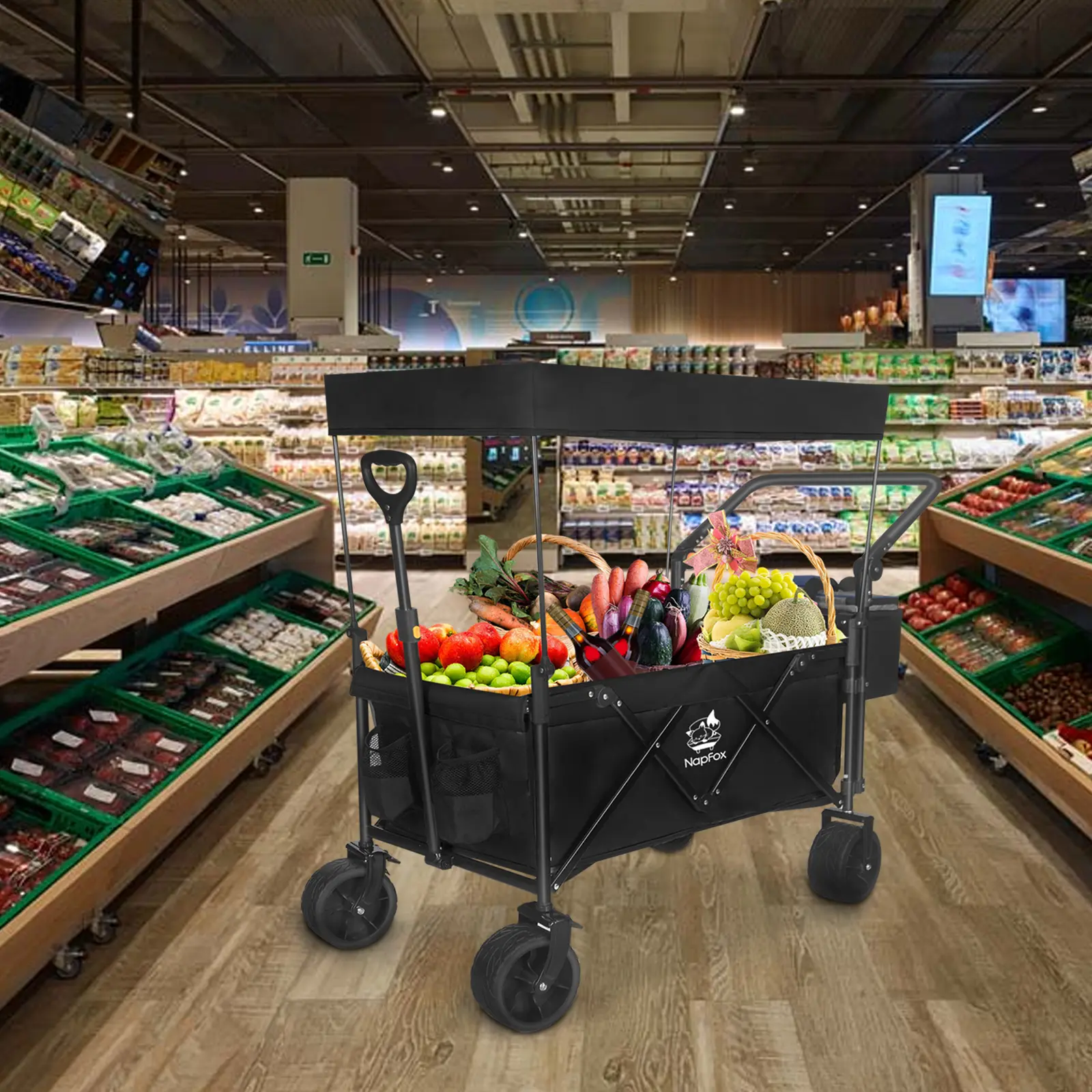 Collapsible Wagon 140L Wagons Carts Foldable With Removable Canopy, Folding Wagon Cart With Wheels For All-Terrain With Brake, Foldable Wagon With Cooler Bag, F