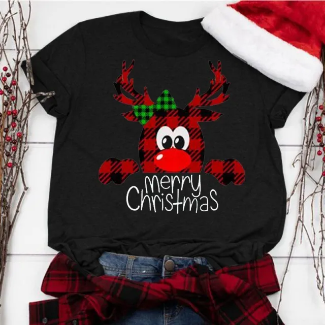 Casual Christmas Print Round Neck Short sleeved T shirt Black - Shop at LoveMi