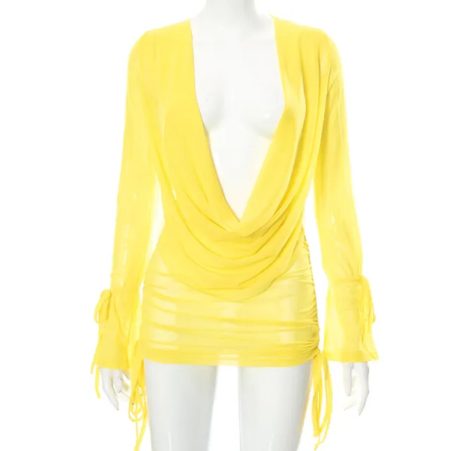 Solid Color Deep V Pile Neck Mesh Perspective Ruched Two Piece Set Yellow - Shop at LoveMi