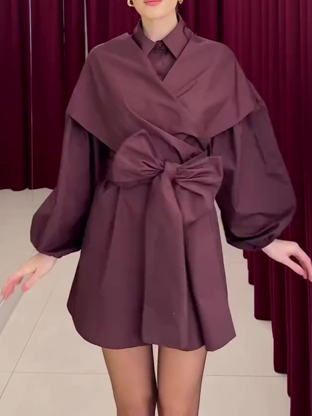 Deep Magenta Structured Wrap Tie-Waist Puff Sleeve Shirt Dress