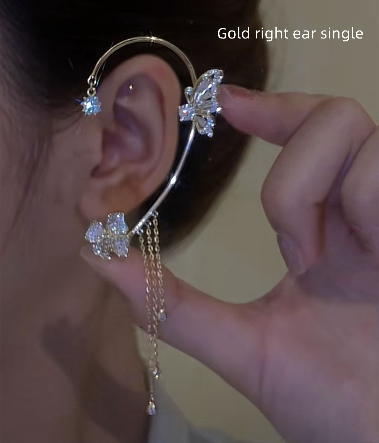 Light And Luxurious Full Zirconium Butterfly Flower Tassel Earrings Without Pierced Color Preservation