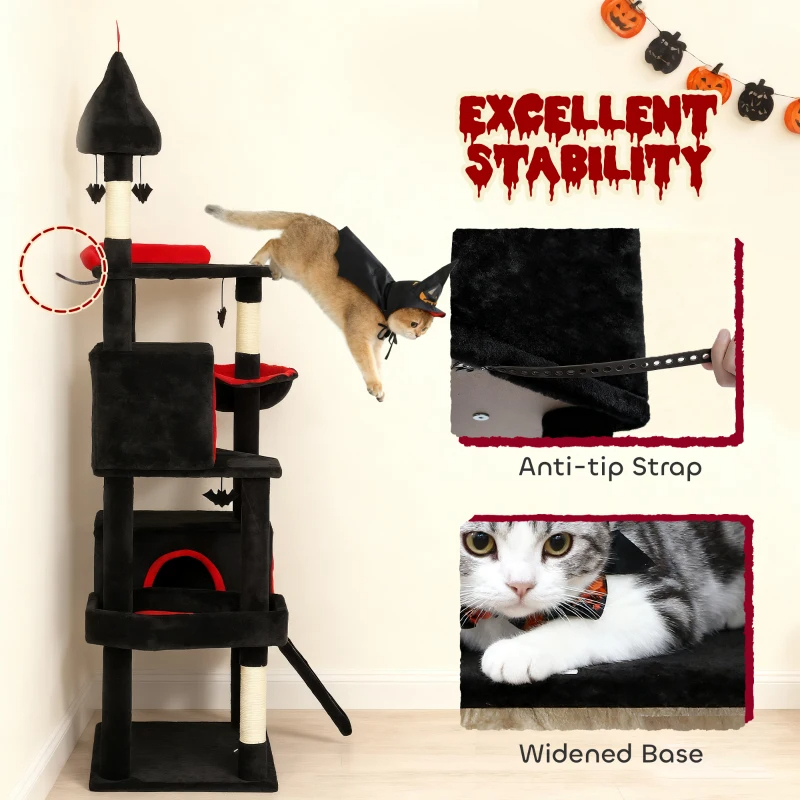 Gothic Cat Tree, Cat Tower With Coffin Bed, 2 Spacious Condos, Sisal Scratching Posts, Bat Hanging Balls, Halloween