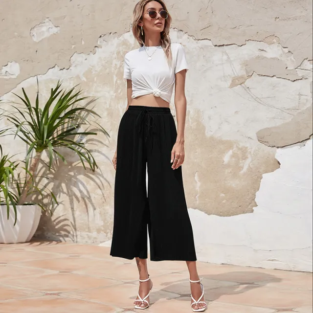 High Waist Drape And Elegant Thin Loose Cropped Trousers Black - Shop at LoveMi