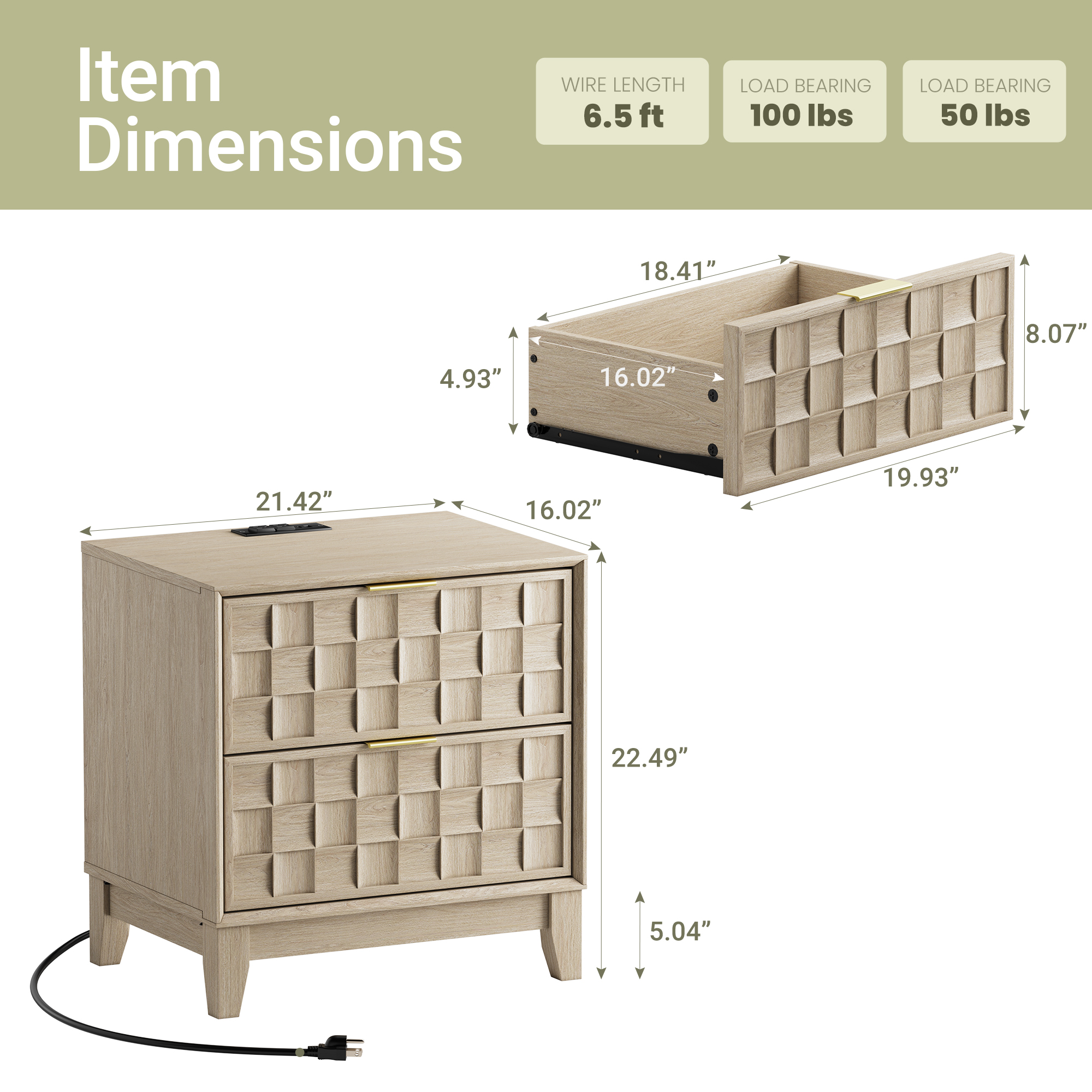 Night Stand With Charging Station, Wooden Nightstand Bedside Table, 2 Drawers With Chessboard Relief And Charger, Oak - 10