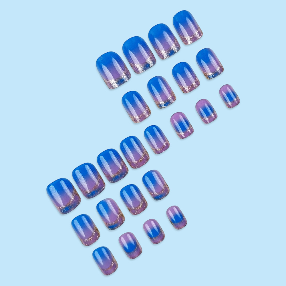 24 Pieces Of Short Square Press-on Nail Purple Gradient Acrylic Nail Stickers With Glitter For French-style Nail Wear, Including 1 Piece Of Jelly Glue And 1 Nail File, Nail Accessories — foto 3