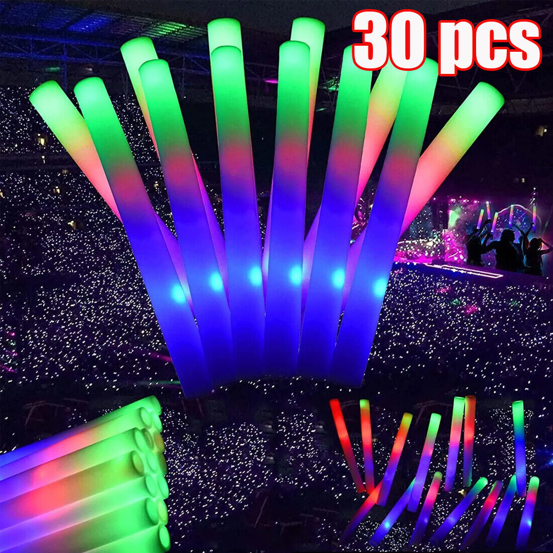 30Pcs LED Foam Stick Flashing MultiColor Glow In Dark White Batons Light Concert