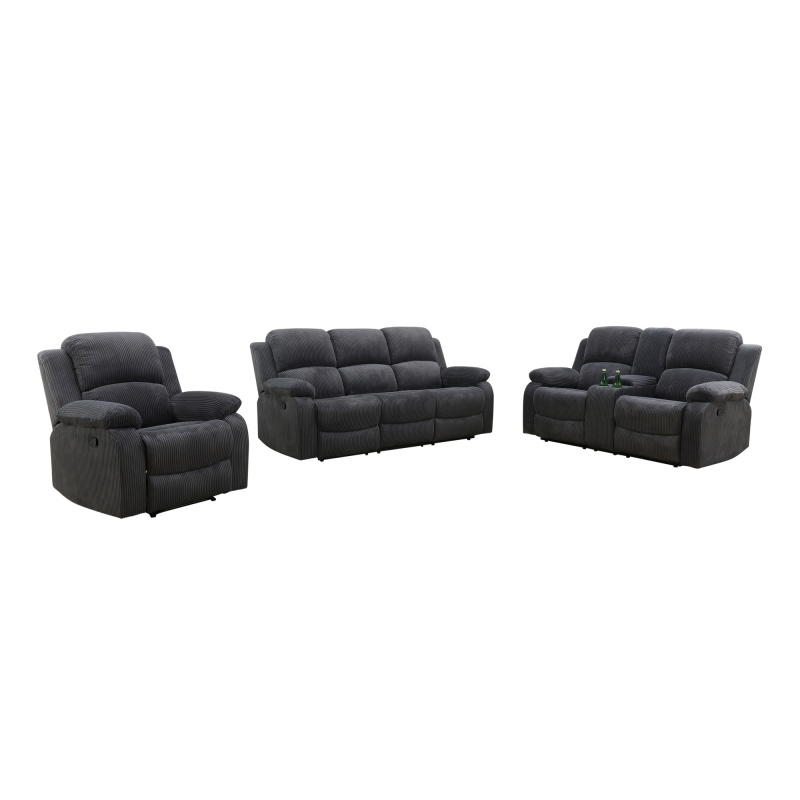 Pickup Only--Dark Grey Corduroy 3-Piece Living Room Recliner Sofa