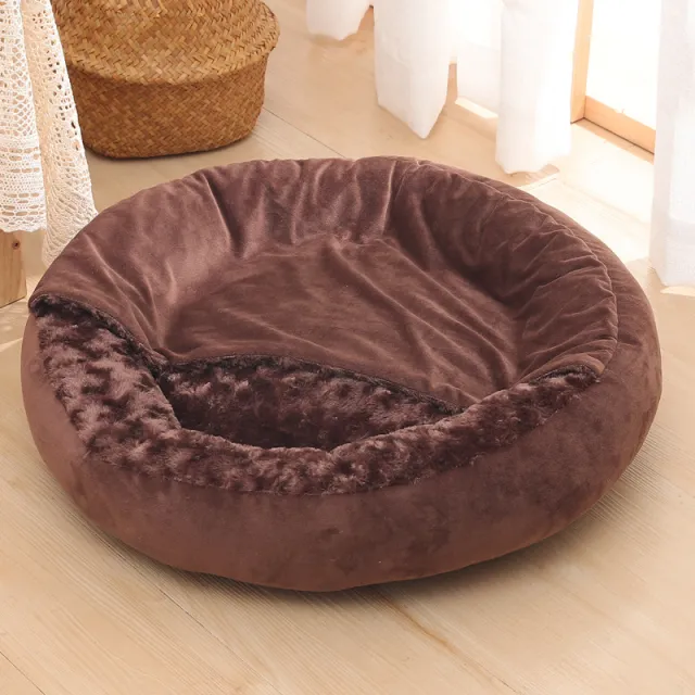 Warm Winter Semi Enclosed Kennel Round Pet Rose Velvet Brown - Shop at LoveMi