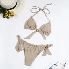 Split Swimsuit Women Multicolour Bikini Halter Neck Tie Big Breasts - Grey - View 1