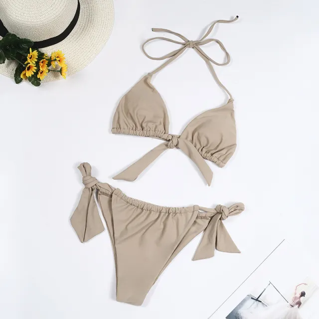 Split Swimsuit Women Multicolor Bikini Halter Neck Tie Big Breasts Grey - Shop at LoveMi
