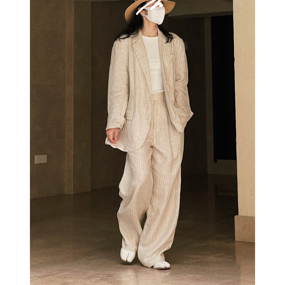 Women's Retro Texture Linen Striped Trousers High Waist