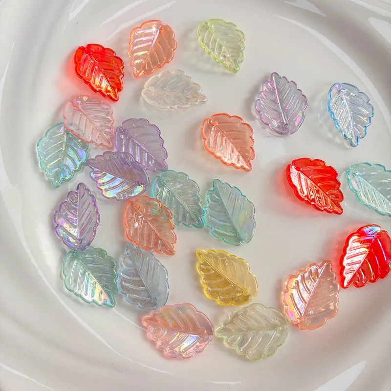 Translucent AB Plated Leaf Charms, Top-Hole Veined