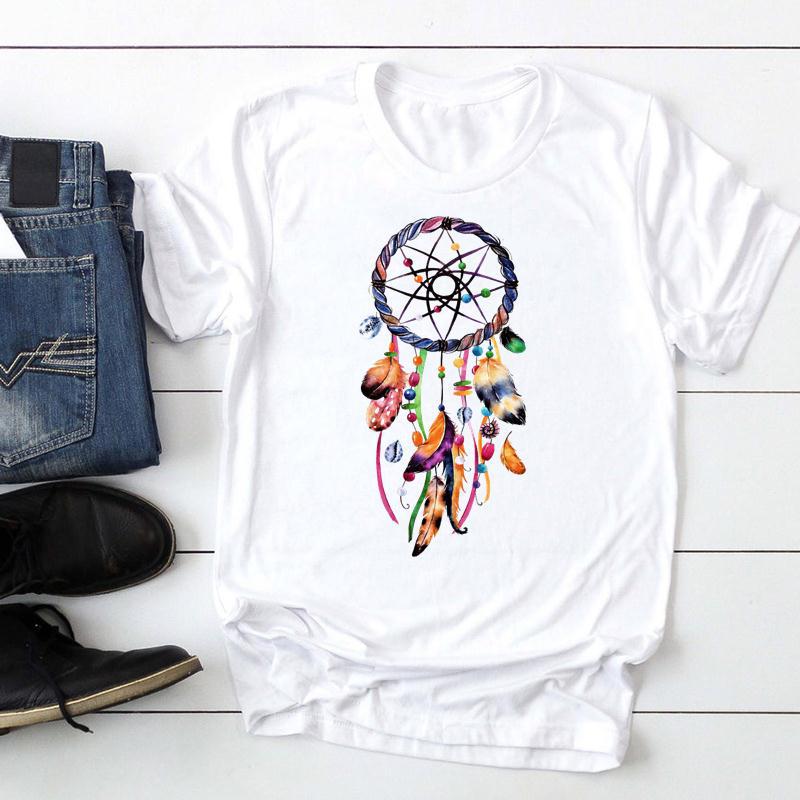 Women's Feather Printed Watercolor Short-sleeved T-shirt