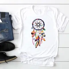 Women's Feather Printed Watercolor Short-sleeved T-shirt - 25385Color - View 1