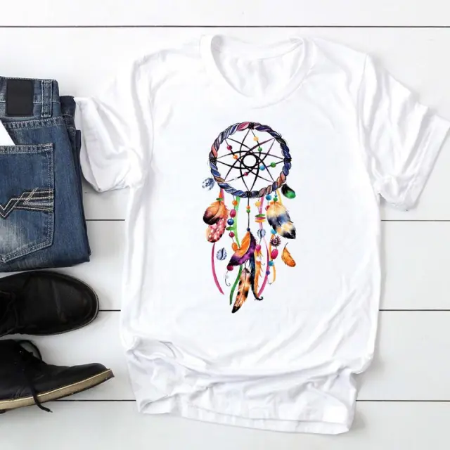 Women's Feather Printed Watercolor Short sleeved T shirt 25385Color - Shop at LoveMi