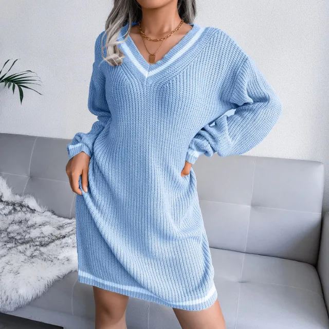 Autumn And Winter College Style V neck Sweater Knit Dress Blue - Shop at LoveMi