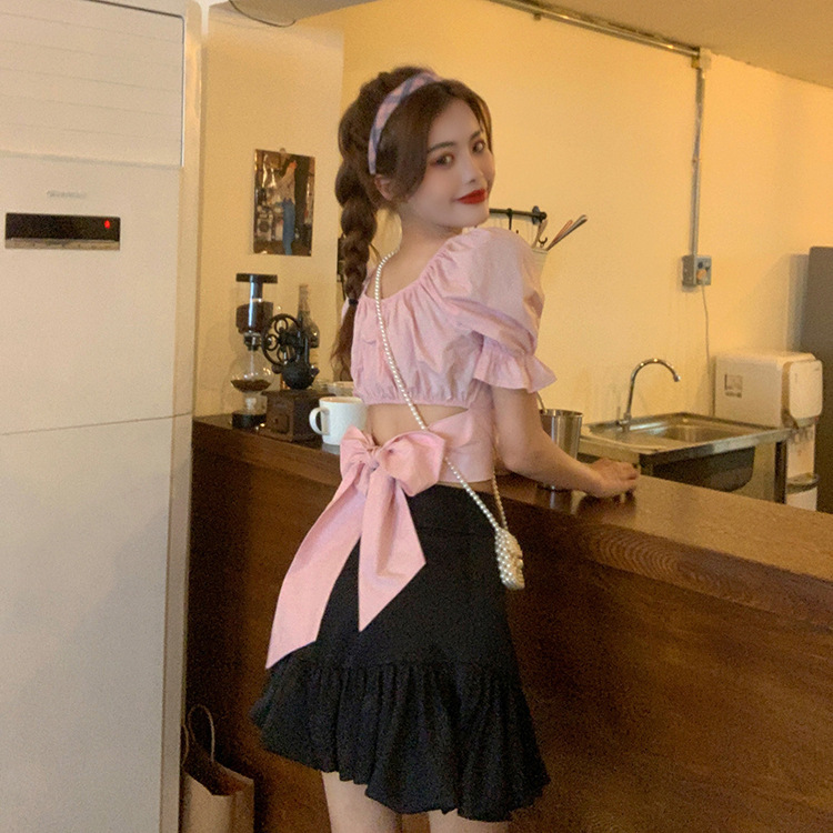 Tie-Back Bow Cropped Shirt Fishtail Skirt Two-Piece Set