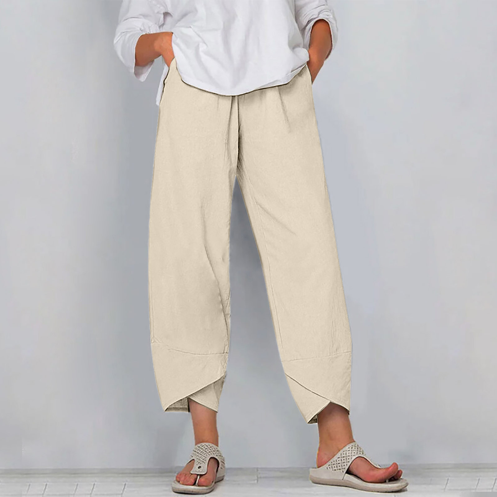 Cotton Sack Trousers With Loose Solid Color Elastic Waist And Side Pockets