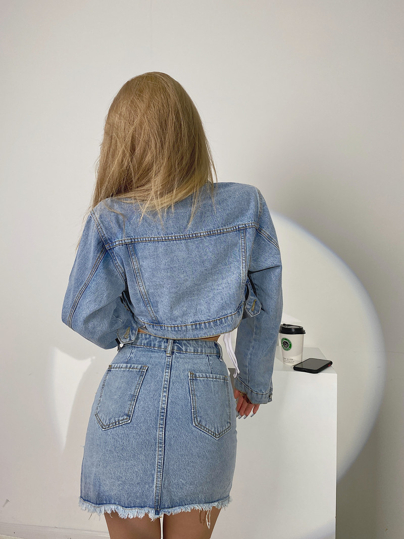Women's Short Denim Jacket High Waist Slim Skirt Two Piece Suit - Image 3
