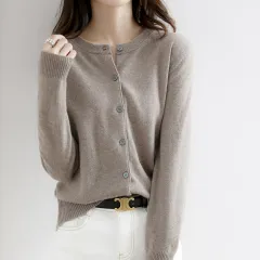 Round Neck Knitted Cardigan Women Loose Solid Colour Jacket - Dark Camel - View 1