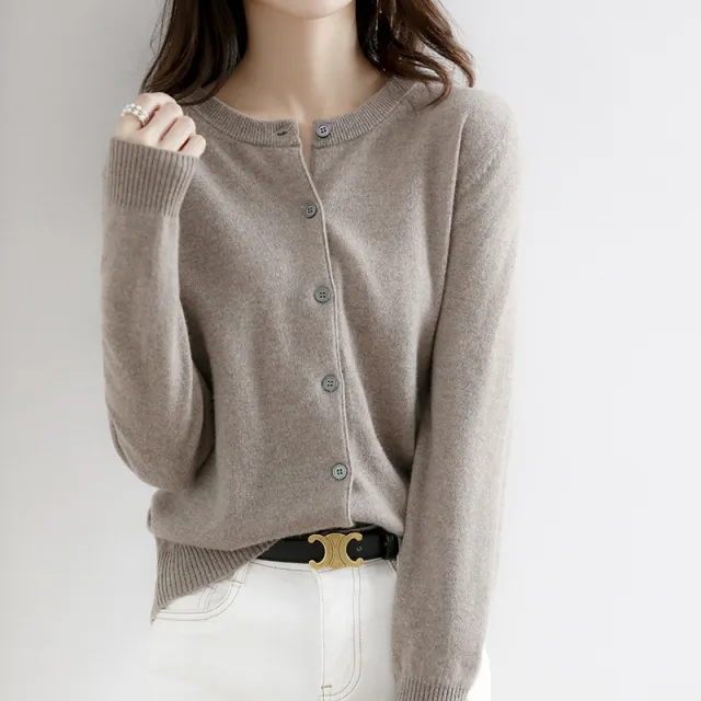 Round Neck Knitted Cardigan Women Loose Solid Color Jacket Dark Camel - Shop at LoveMi