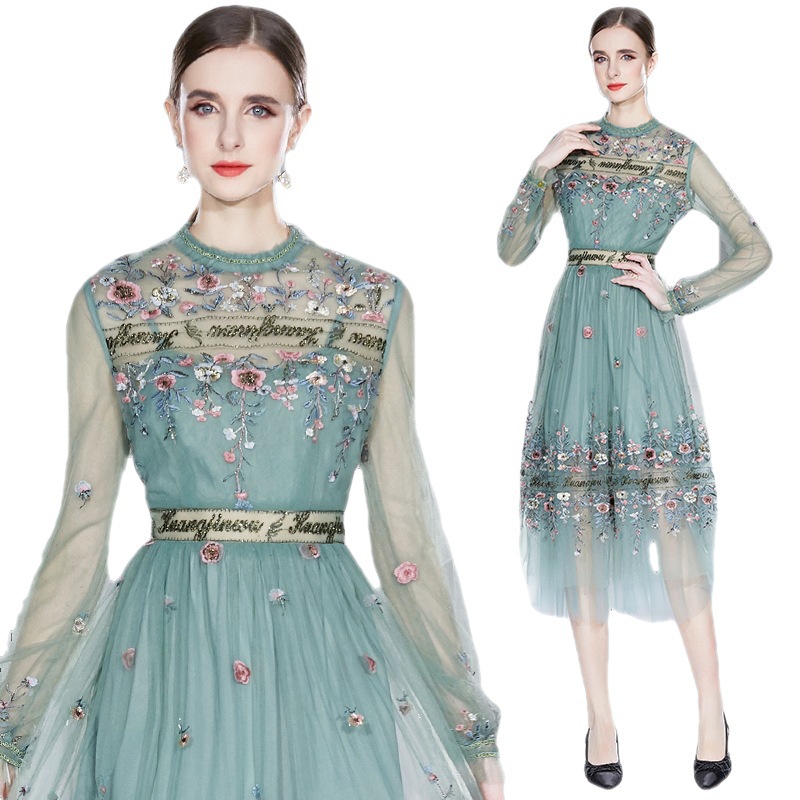 Mesh Embroidery Waistband Dress