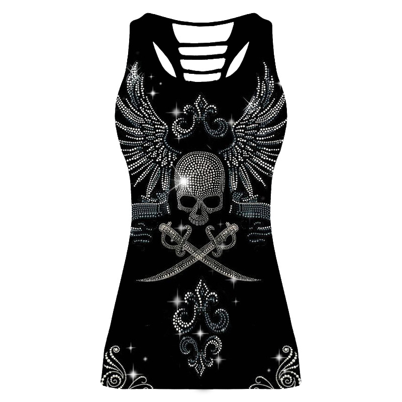 Title 2, Printed Sleeveless Hollow Sexy Racer Vest, Skul...