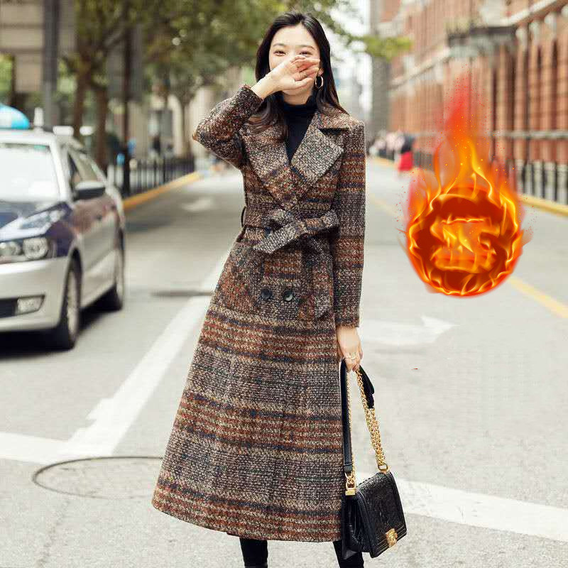 Plaid Women's New Slim Waisted And Slim Woolen Coat