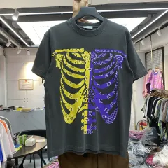 Flower Skeleton Printing Round Neck Wash Water Distressed Retro Loose Short Sleeves - Grey - View 1