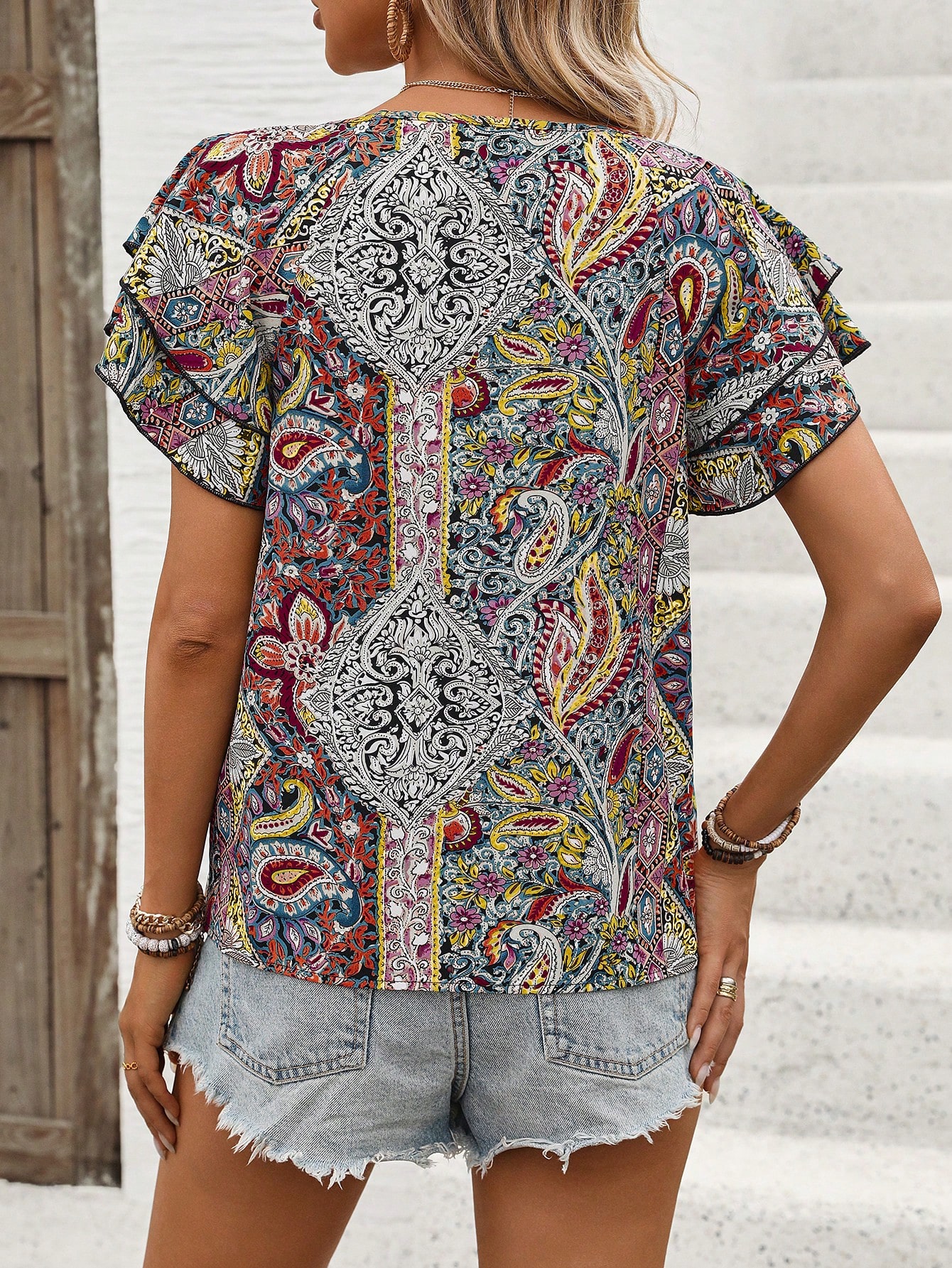 Women's Summer Hawaiian Style Ruffle Sleeve Paisley Print Casual Shirt