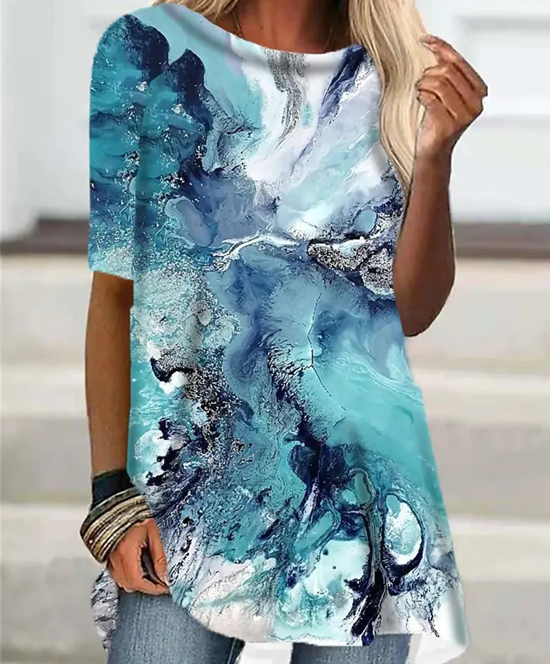 Round Neck Casual Ethnic Vintage Print Short Sleeve T-Shirt - Zha5112-L