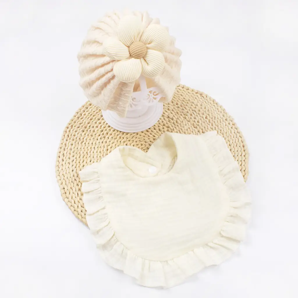 Newborn Baby Hat & Bib Set - Muslin Drool Bibs With Frilly Trim Soft Organic Cotton Bonnet Bandana Drooling Accessories For Infants