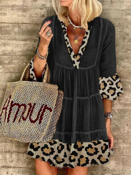New Style Ladies Fashion Leopard Stitching Cotton And Linen Dress In Europe And America
