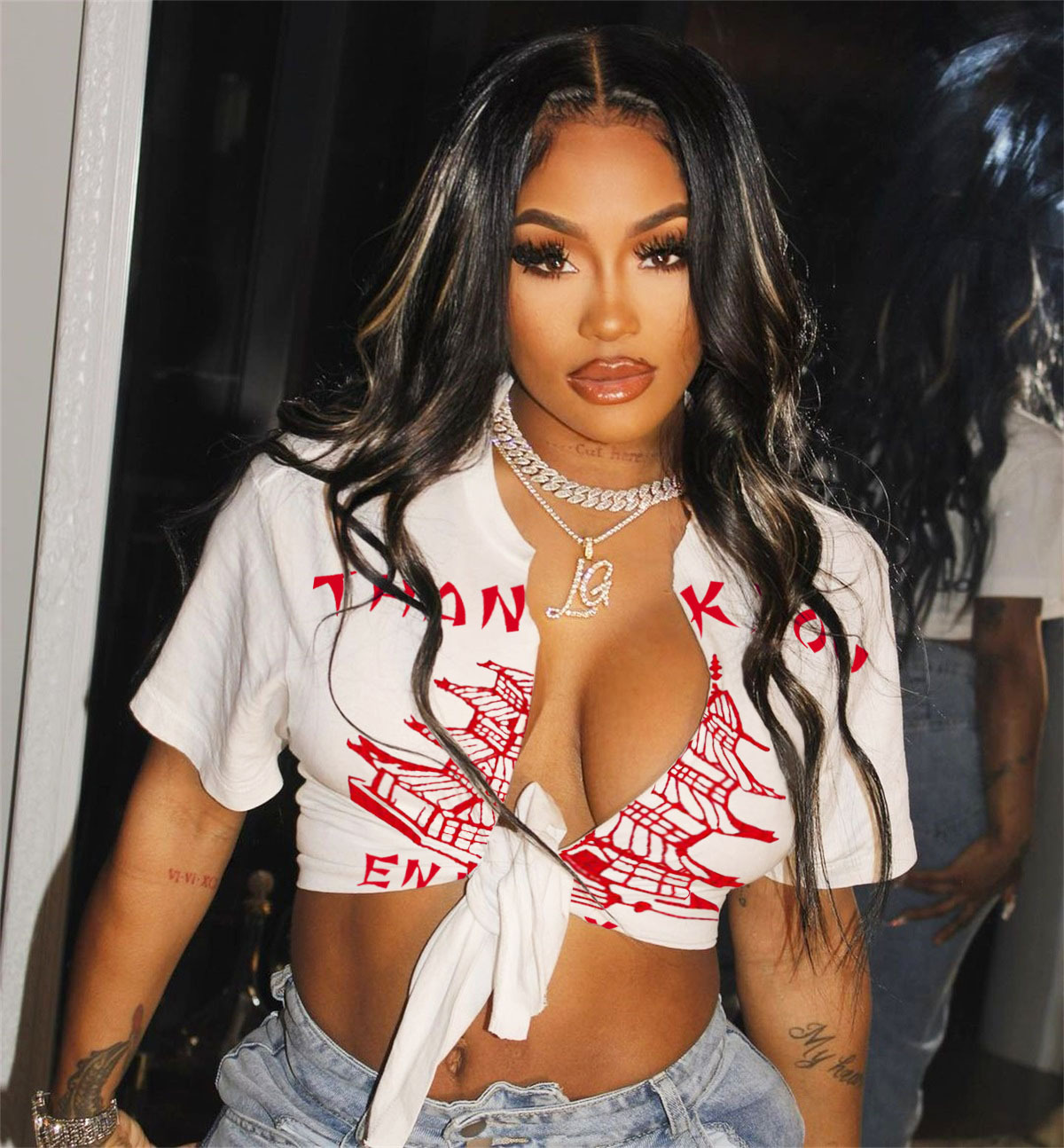 Women's Lettering Graffiti Lips Print Cardigan T-Shirt