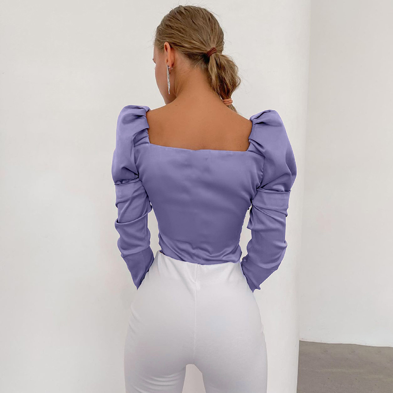 Square Neck Puff Sleeve Top Women's Pleated Slim Fit