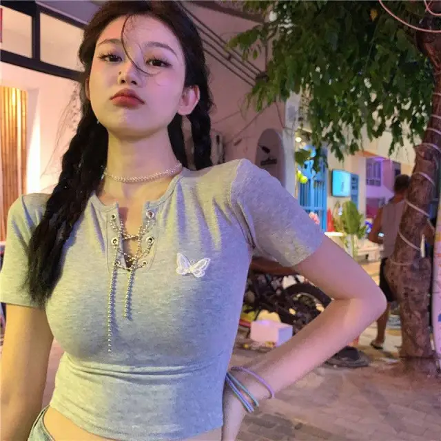 Chain Strap Ins Black Short sleeved T shirt Female Grey - Shop at LoveMi