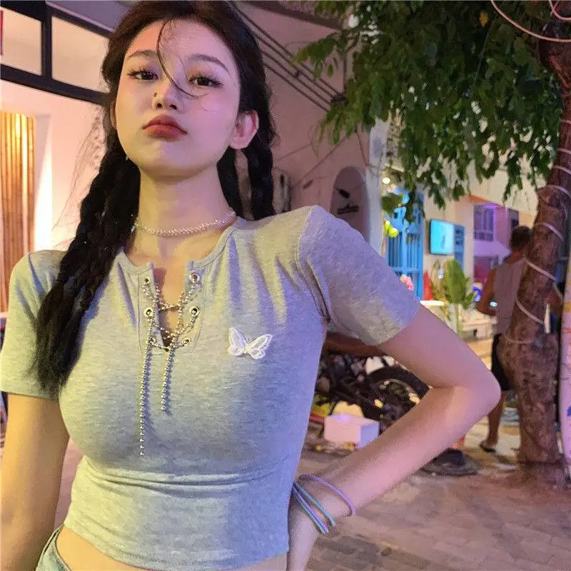Chain Strap Ins Black Short-sleeved T-shirt Female - Grey