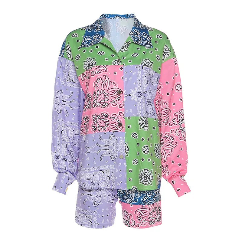 Women's Single-breasted Long-sleeved T-shirt Fashion Printing Bag Hip Shorts Casual Suit - Color