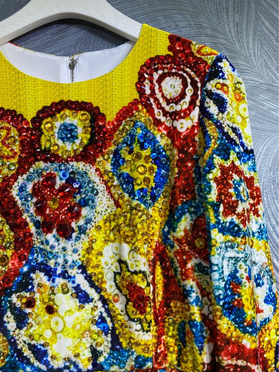 Women's Crew Neck Print Beaded Long Dress