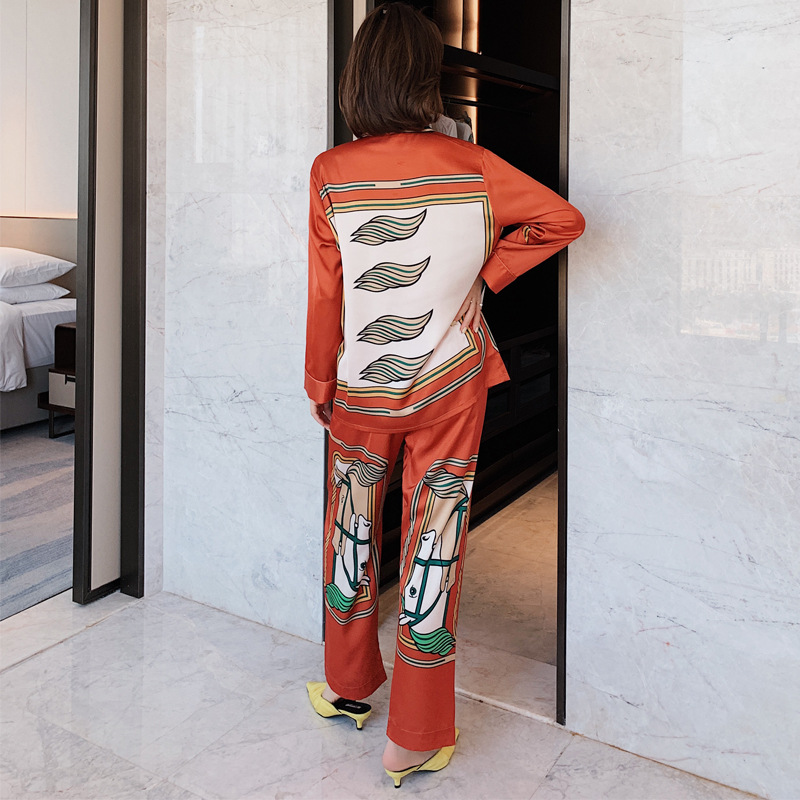 Pajamas Women Ice Silk Fashion Tide Brand Cardigan Casual Long-sleeved Home Service Suit Silk