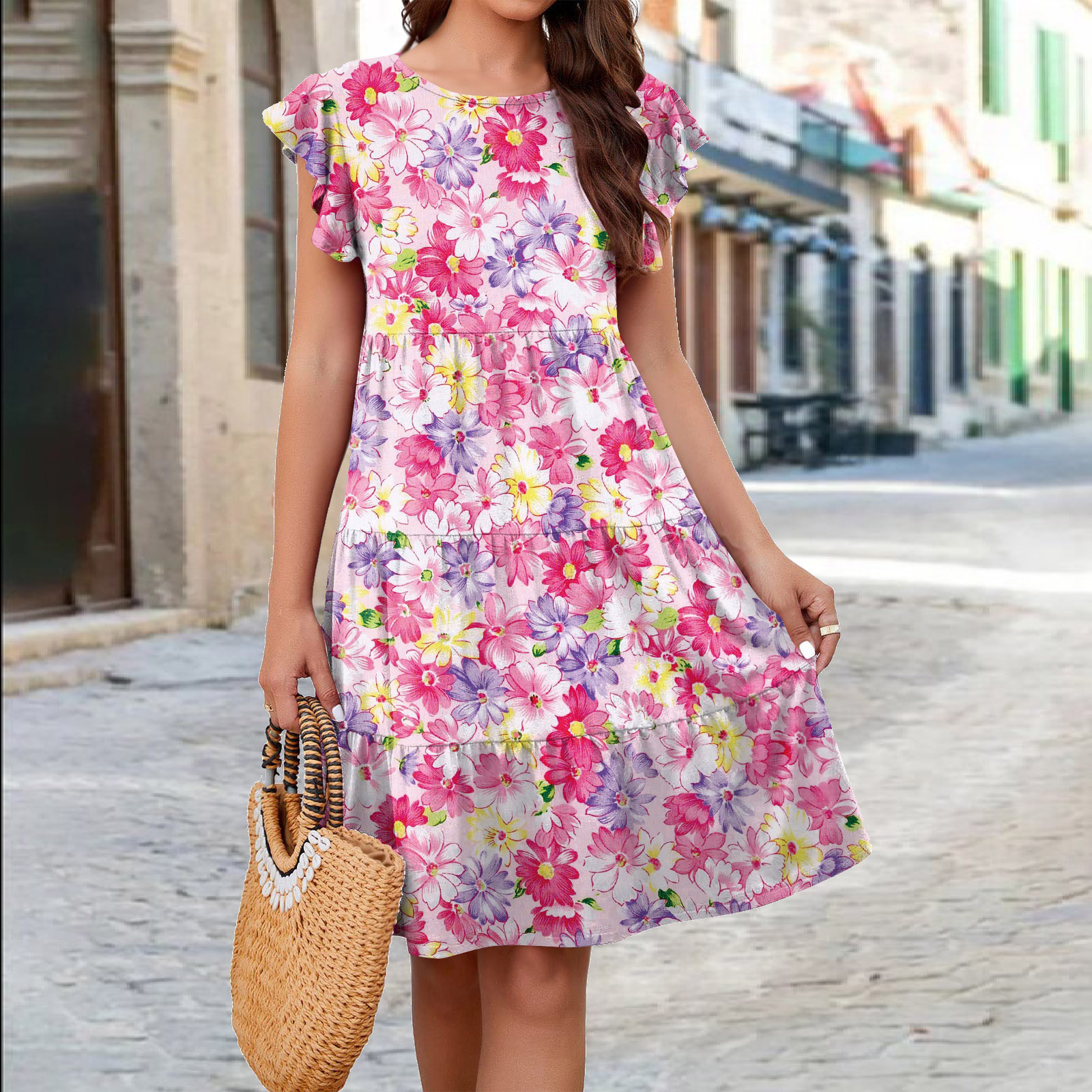Ruffle Sleeve Dress Summer Loose Flower Print Beach Dresses Sweet Skirt Women - Picture 6 of 7