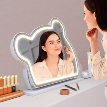 Bear LED Vanity Makeup Mirror Cute With Light Strip Touch Sensor Color Adjustable White Metal Removable Cosmetic 4