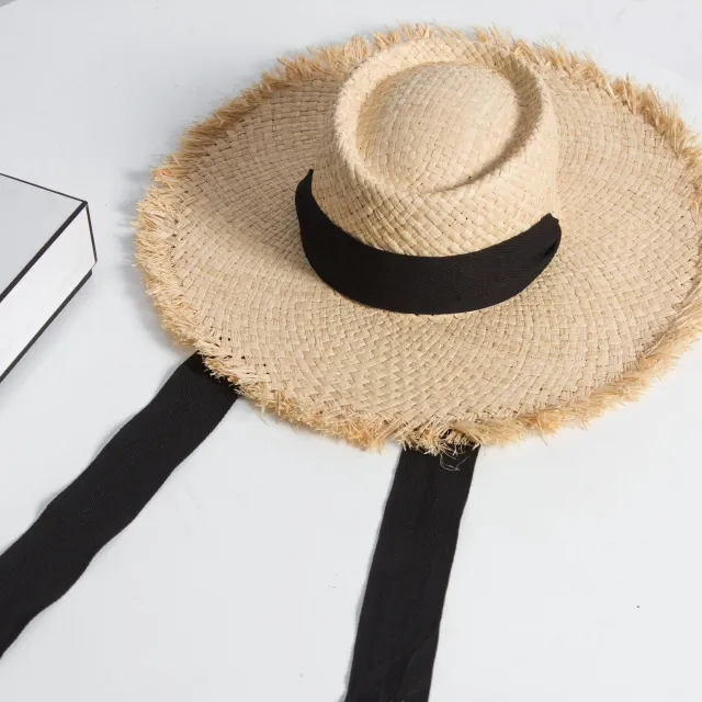 Raffia Grass Flat Top Raw Edge Binding Neck Sun Visor Hat Hand Braided Grass Hat Black - Shop at LoveMi