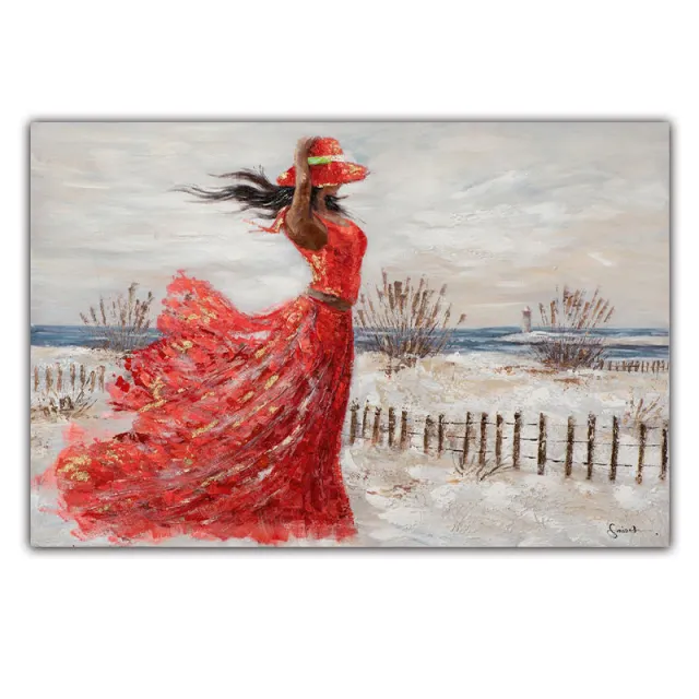 Hand Painted Oil Painting Canvas Wall Art Decoration Girl Red Dress Seaside Abstract People Texture Art For Home Living Room Artwork Decor Rolled F... Without Inner Frame - Shop at LoveMi