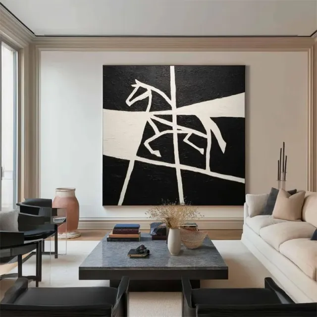 Handmade Oil Painting Canvas Wall Art Decoration Black And White Animal Horse Success Comes Immediately For Home Living Room Decor Rolled Frameless... Without Inner Frame - Shop at LoveMi