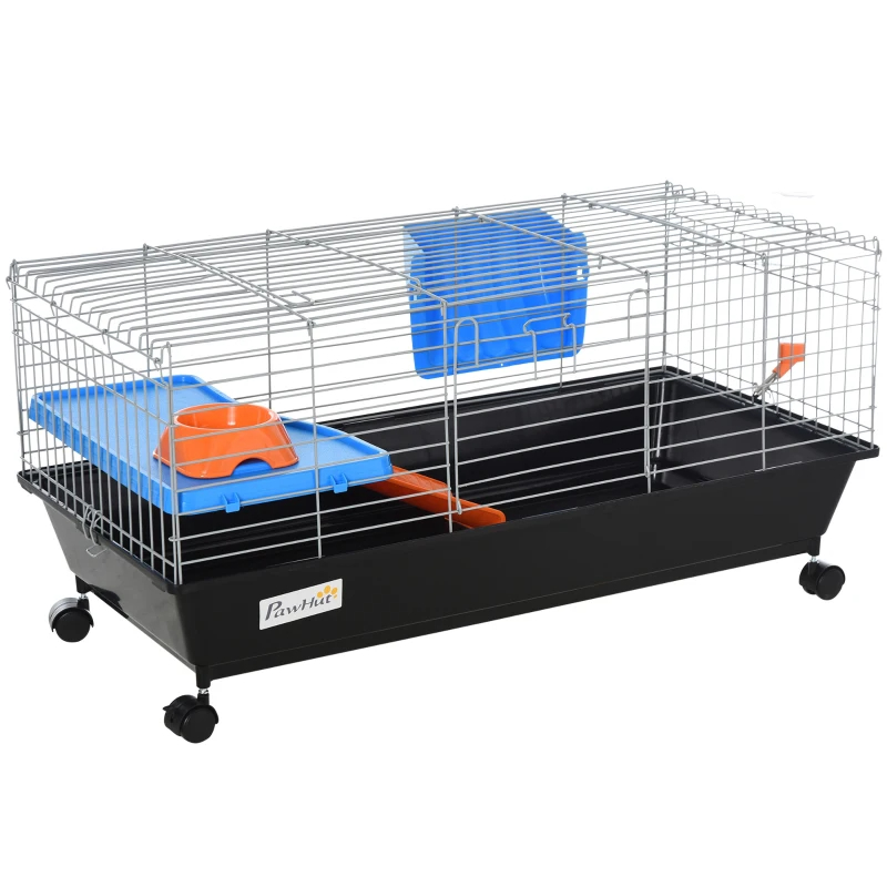Small Animal Cage With Food Dish, Water Bottle, Hay Feeder, Platform, Ramp For Chinchilla, Black