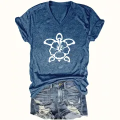 Women's V-Neck Short Sleeve T-Shirt - Cute Turtle Graphic Casual Summer Top - Blue - View 1