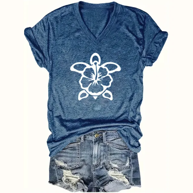 Women's V Neck Short Sleeve T Shirt Cute Turtle Graphic Casual Summer Top Blue - Shop at LoveMi