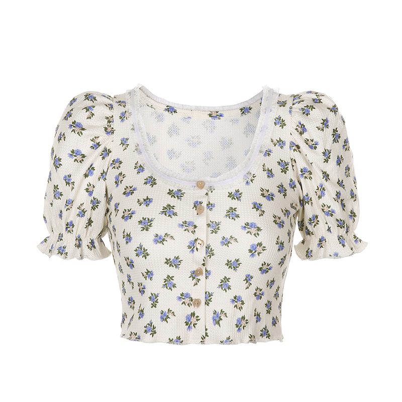 Title 6, Retro Short Floral Puff Sleeve T-shirt Women